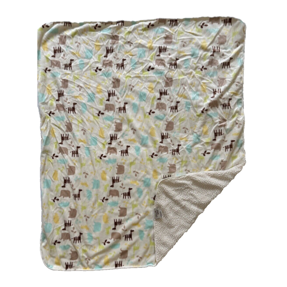 Chick Pea Safari Zoo Animals Leaves Cream Brown Green Baby Blanket Lovey Sherpa